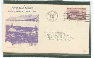 US 783 1936 3c oregon territory stamp commemorating wyoming statehood on an addressed, typed fdc with a sudduth cachet and a dan