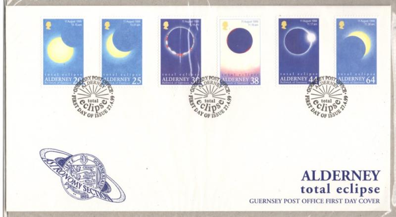 Alderney Sc 128-33 1999 Solar Eclipse stamp set on First Day Cover