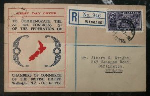 1936 Wanganui New Zealand First Day Cover FDC To Darlington England B