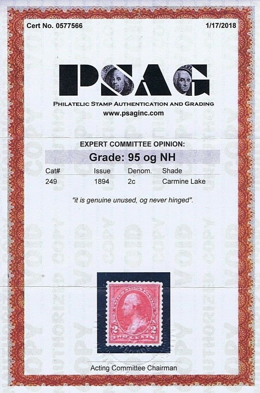 US 249 UNUSED ORIGINAL GUM MNH 2c WASHINGTON, 1894 PSAG CERT GRADE XF SUP 95