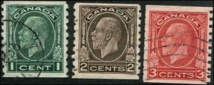 Canada, SC# 205-7 KGV  1c 2c 3c perf 8-1/2 vert COILS SCV $ 4.00 Used