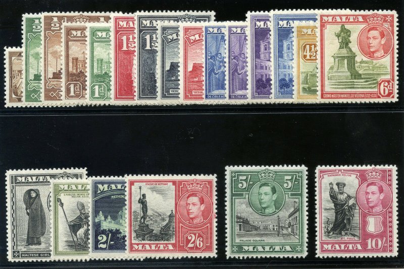 Malta 1938 KGVI set complete MLH. SG 217-231. Sc 191-205.