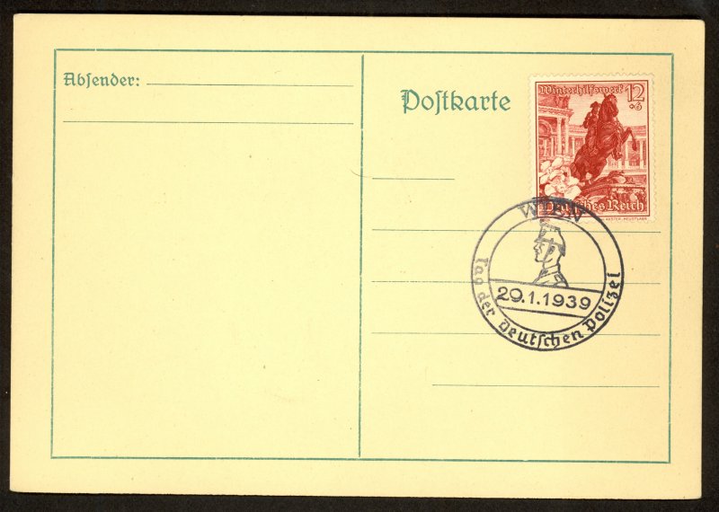 GERMANY USED IN AUSTRIA 1939 12+6pf Sc AB128 on Card w DAY OF THE GERMAN POLICE