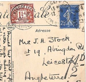 FRANCE Postcard GB POSTAGE DUES 1½d *POSTMENS OFFICE LEICESTER* 1924 CDS GD12