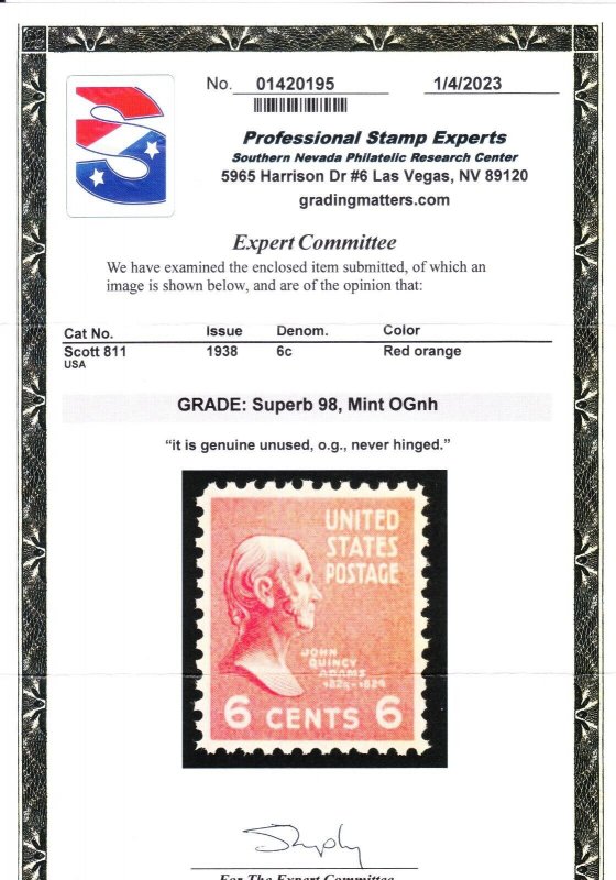 MOstamps- US #811 Mint OG NH Grade 98 with PSE Cert - Lot # MO-3922 SMQ $105 