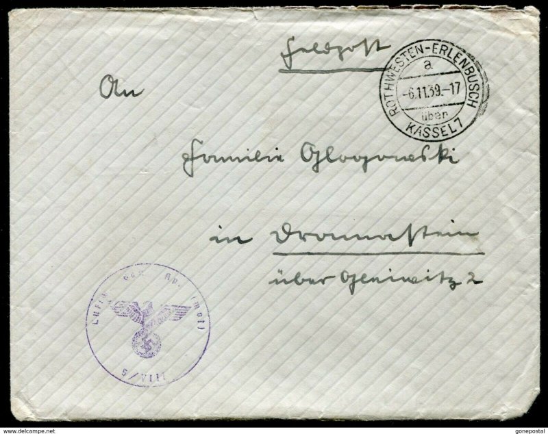 h92 - GERMANY Reich WW2 1939 FELDPOST Cover. ROTHWESTEN-ERLENBUSCH / KASSEL