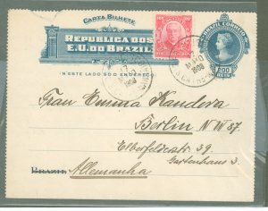Brazil  1908, 200R & 100R stamp, long message, small defect at U. L.