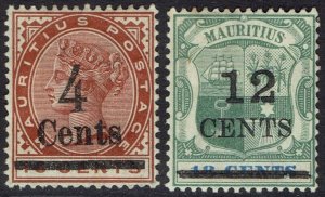 MAURITIUS 1900 QV ARMS SURCHARGE 4C ON 16C AND 12C ON 18C