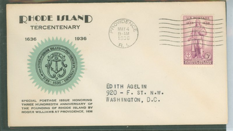 US 777 1936 3c Rhode Island Tercentenary (Roger Williams) on an addressed FDC with a Kapner cachet