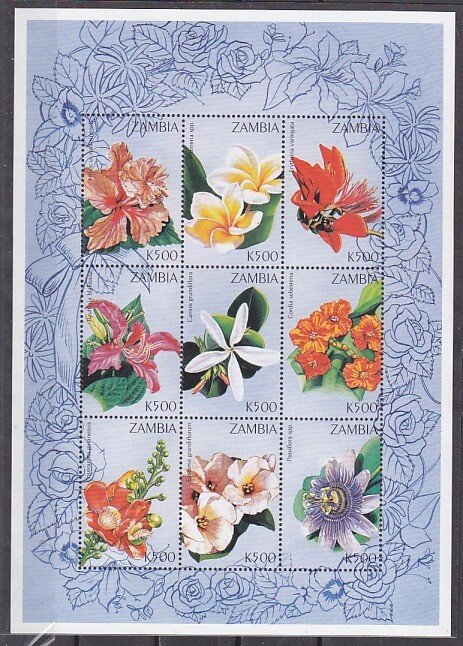 Zambia, Scott cat. 722 a-i. Various Flowers sheet. ^