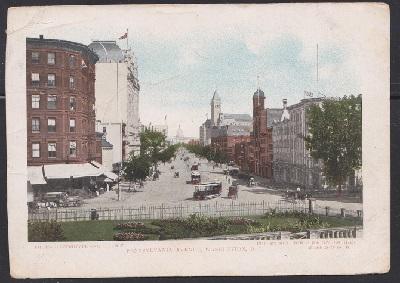 Postcard showing trolley on busy Pennsylvania Ave, Washington, DC