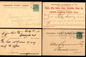 J99g Canada  4 Postal Cards 1900s 1c QV Flag Postmarks Advt. McArthur White Lead