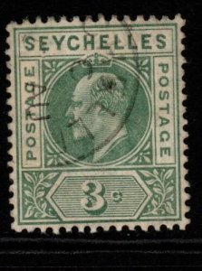SEYCHELLES SG61a 1906 3c DULL GREEN DENTED FRAME FINE USED 