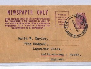 AUSTRALIA KGVI Postal Stationery Newspaper Wrapper Melbourne GB Essex 1951 YC131