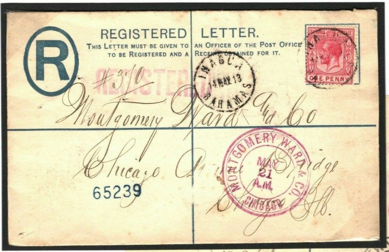 BAHAMAS KGV Cover Registered *Inagua* Postal Stationery USA Chicago 1913 W244