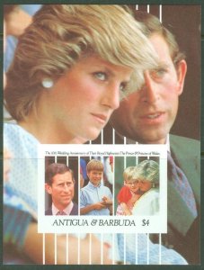 ANTIGUA SCOTT#1455 10th WEDDING ANNIVERSARY PRINCESS DIANA   IMPERF  S/S   NH 