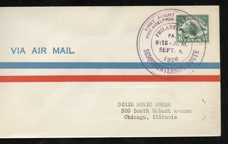 UNITED STATES  SEPT 1926 1st FLIGHT  C4 FRANKED COVER PHILADELPHIA TO CHICAGO 