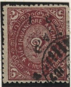 India: Travancore 27 (used) 1ca on 1¼ch conch shell, claret (1932)