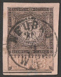 AUSTRIA  1883 5kr  Revenue Stamped Paper, cut-out with Vienna postmark/cancel