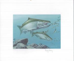 NORTH DAKOTA 1984 STATE TROUT & SALMON  STAMP PRINT BY Roger Cruwys + Mint Stamp