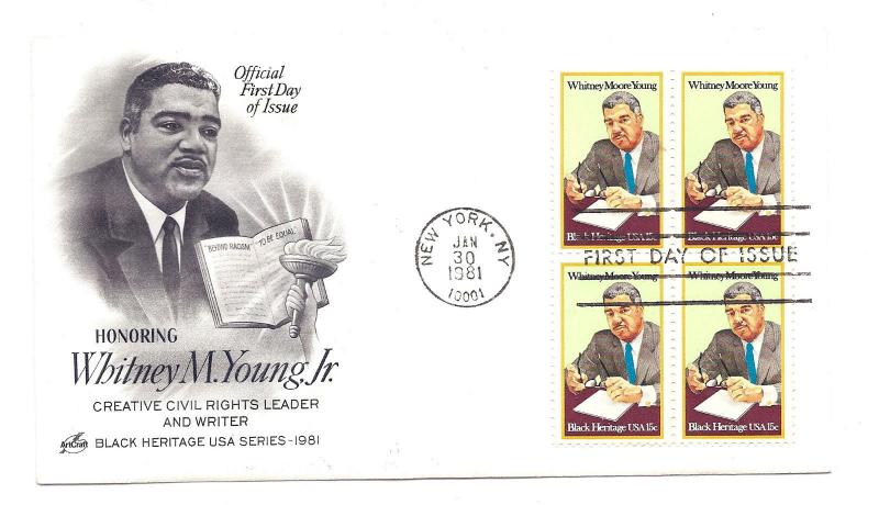 1875  Whitney Moore Young Black Heritage series 1981 ArtCraft block of 4 FDC