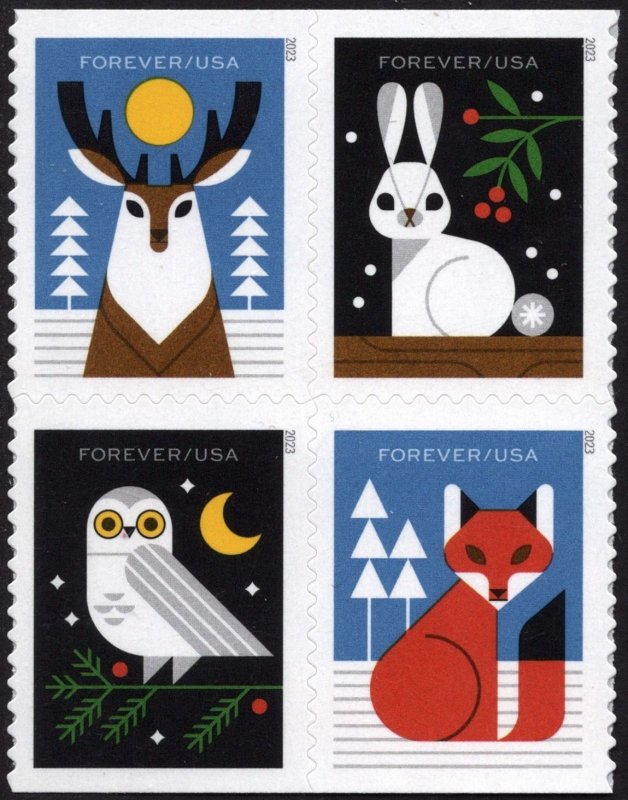 SC#5822-25 (Forever) Winter Woodland Animals Block of Four (2023) SA