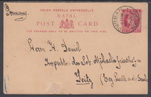 Natal H&G 7 used 1893 1p Queen Victoria Postal Card, Durban to Germany