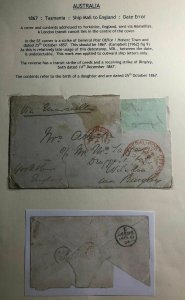 1867 Hobart Tasmania Ship Mail Date Error Cover To England Via Marseille