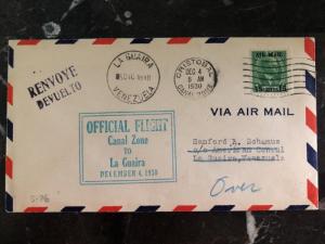 1930 Canal Zone USA First Flight cover FFC To   US Consul La Guaira Venezuela