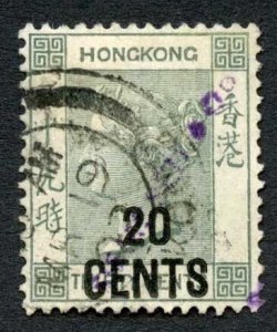 Hong Kong SG45a 20c on 30c grey green Black pmk and purple h/stamp Cat 150 pound