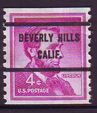 Beverly Hills CA, 1058-71 Bureau Precancel, 4¢ coil Lincoln