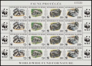 Benin WWF Pythons Sheetlet of 4 sets 1999 MNH SC#1086 a-d SG#1812-1815