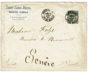 Monaco 1896 cover to Switzerland, hotel corner card, franked Scott 20