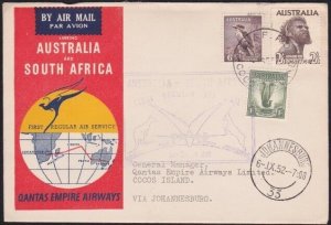 COCOS ISLAND 1952 Qantas flight cover to Sth Africa - RAAF PO COCOS cds....B4184