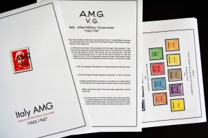 COLOR PRINTED ITALY RSI + AMG 1943-1947 STAMP ALBUM PAGES (18 illustrated pages)