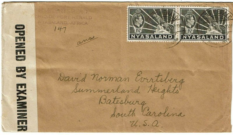 Nyasaland 1943 Ntongwe cancel on cover to the U.S., censored