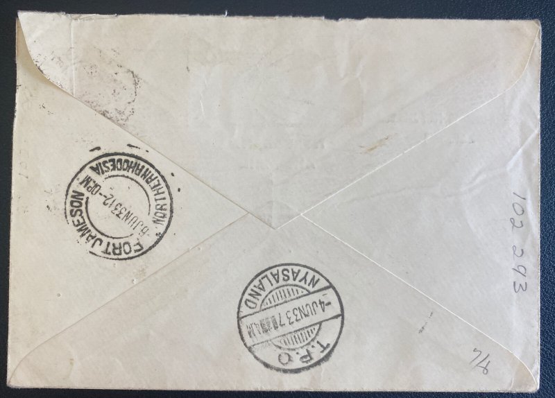 1933 Limbe Nyasaland First Flight Airmail Cover FFC To Fort Jameson N Rhodesia