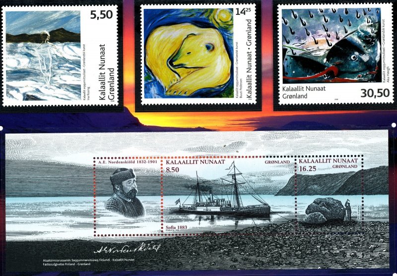 Greenland 2008 Year set incl S/S; Ships Royalty  Art MNH Three scans
