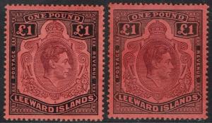 LEEWARD ISLANDS 1938 KGVI 1 POUND 2 SHADES 