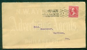 1897, full-front ADVERTISING AGENTS cover to CANADA bkstp w/2¢ tied PHILADELPHIA