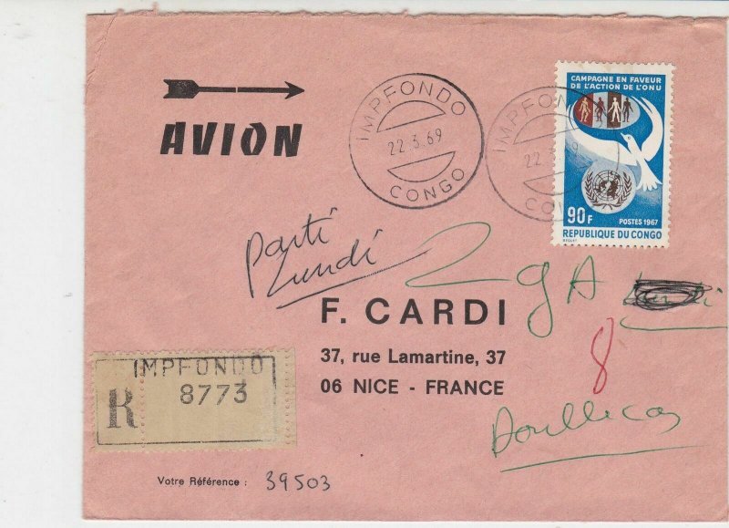 Rep Du Congo 1969 Regd Airmail impfondo Cancels U.N.Campaign Stamp Cover Rf30687