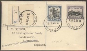 New Zealand 1928 Niue Registered Birmingham Registered Cover G112398