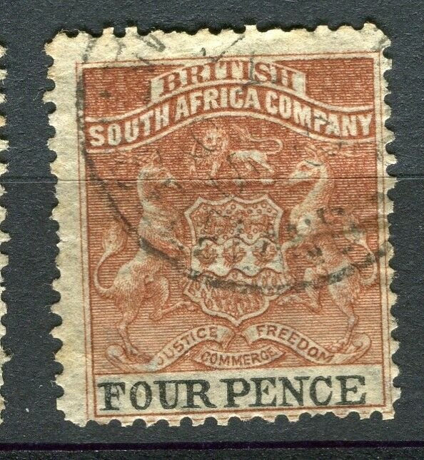 RHODESIA: 1892 early classic Springbok issue used Shade of 4d. value