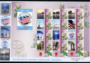 ISRAEL 2011 10th ANNIVERSRAY OF SEPT 11th SHEET I  ON  FIRST DAY COVER RARE