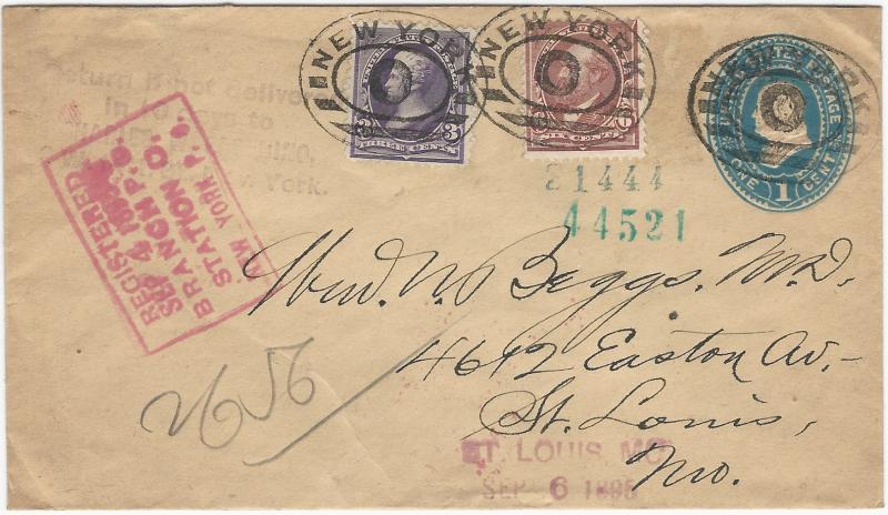 U.S., 3c and 6c Small Banknotes Used on U396 Entire, 1895 Registered cover