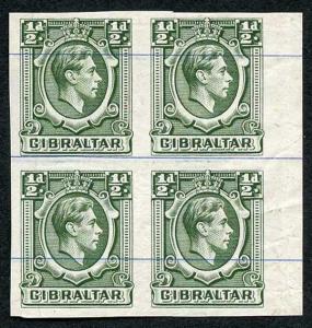 Gibraltar SG121 KGVI 1/2d Green Printers Proof IMPERF on No Wmk Blue-Lined paper