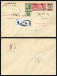 Bahamas 2 Jan 1930 Nassau to Dominican Republic Flight Cover with WAR TAX Stamp