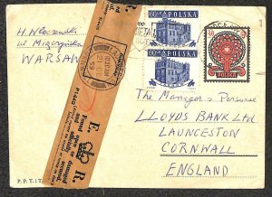 POLAND H&G #162 & 807 STAMPS TO ENGLAND BRITISH TYPE 15 TAPE POSTAL CARD 1959