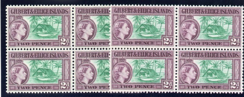 Gilbert & Ellice Is 1956 QEII 2d in both listed shades in blocks MNH. SG 66, 66a