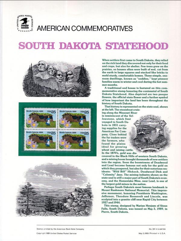 US CP334 South Dakota 2416 Commemorative Panel Mint